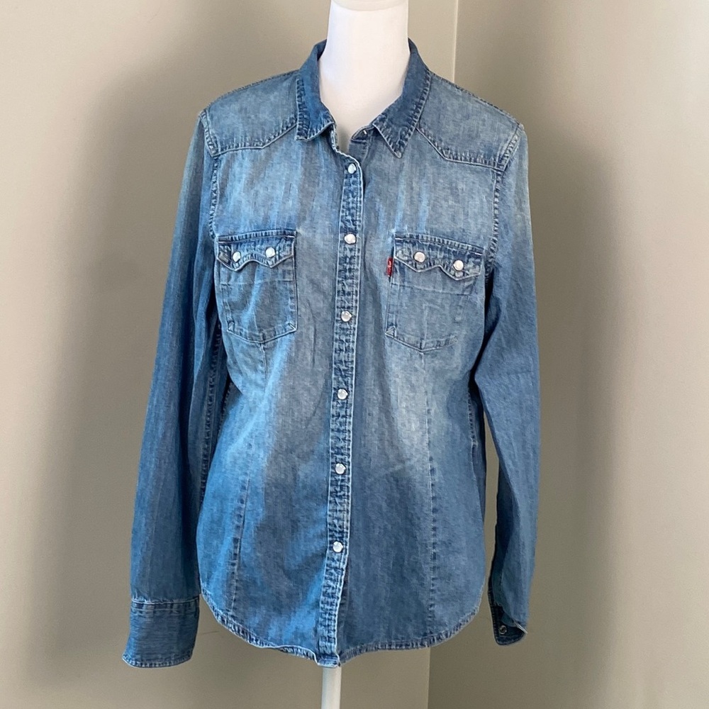 Levi Denim/ Jean shirt Size large in distressed denim